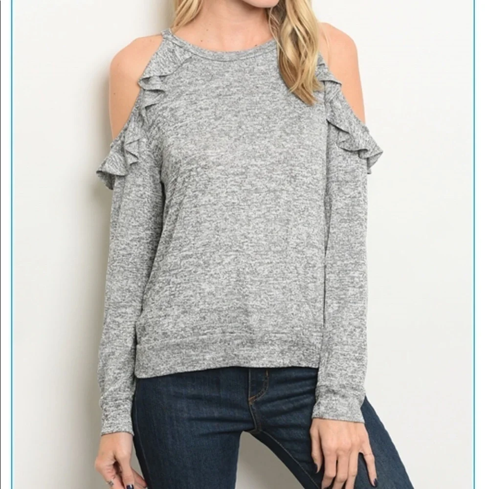 Cold Shoulder Grey Marled Ruffle Top - Picture 2 of 7